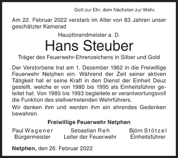 Traueranzeige von Hans Steuber von Siegener Zeitung