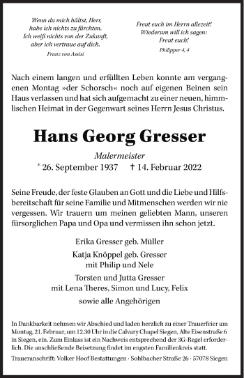 Traueranzeige von Hans Georg Gresser von Siegener Zeitung