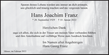 Traueranzeige von Hans Joachim Franz von Siegener Zeitung