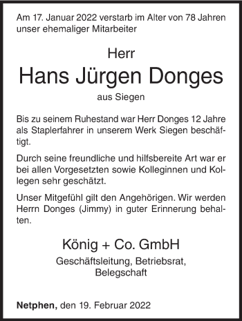 Traueranzeige von Hans Jürgen Donges von Siegener Zeitung