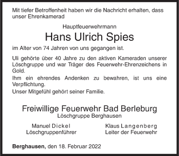 Traueranzeige von Hans Ulrich Spies von Siegener Zeitung