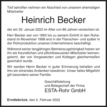 Traueranzeige von Heinrich Becker von Siegener Zeitung