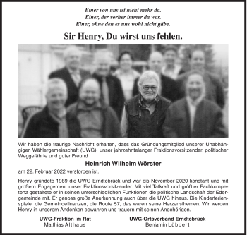 Traueranzeige von Heinrich Wilhelm Wörster von Siegener Zeitung