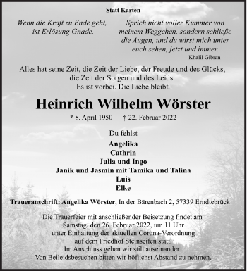 Traueranzeige von Heinrich Wilhelm Wörster von Siegener Zeitung