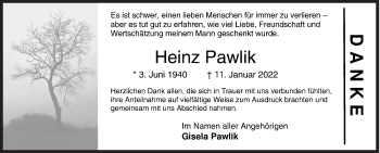 Traueranzeige von Heinz Pawlik von Siegener Zeitung