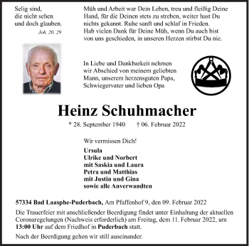 Traueranzeige von Heinz Schuhmacher von Siegener Zeitung
