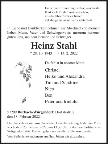 Traueranzeige von Heinz Stahl von Siegener Zeitung