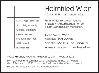 Traueranzeige von Helmfried Wien von Siegener Zeitung