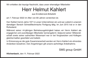 Traueranzeige von Helmut Kahlert von Siegener Zeitung