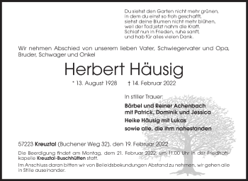 Traueranzeige von Herbert Häusig von Siegener Zeitung