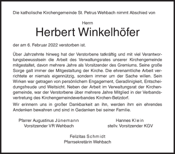 Traueranzeige von Herbert Winkelhöfer von Siegener Zeitung