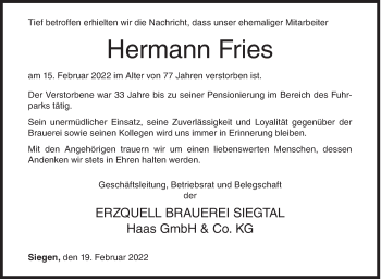 Traueranzeige von Hermann Fries von Siegener Zeitung