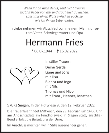 Traueranzeige von Hermann Fries von Siegener Zeitung
