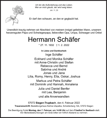 Traueranzeige von Hermann Schäfer von Siegener Zeitung