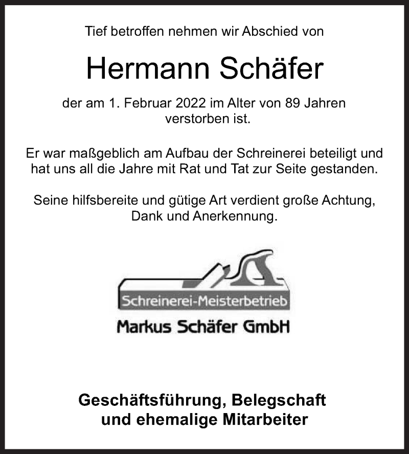  Traueranzeige für Hermann Schäfer vom 04.02.2022 aus Siegener Zeitung