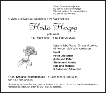 Traueranzeige von Herta Herzog von Siegener Zeitung