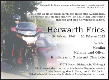 Traueranzeige von Herwarth Fries von Siegener Zeitung