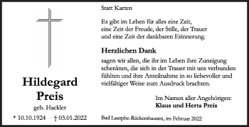 Traueranzeige von Hildegard Preis von Siegener Zeitung