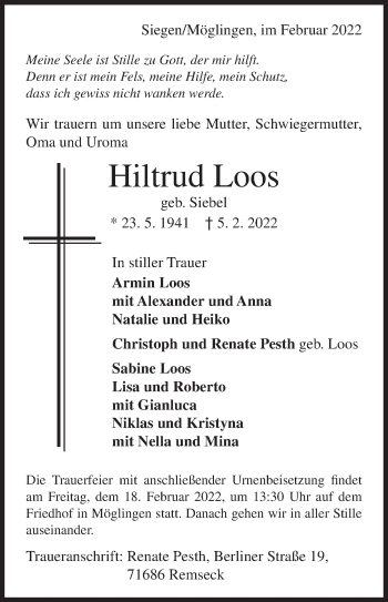 Traueranzeige von Hiltrud Loos von Siegener Zeitung
