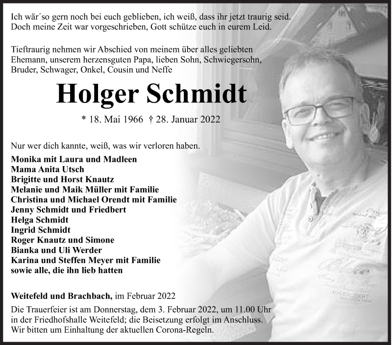  Traueranzeige für Holger Schmidt vom 01.02.2022 aus Siegener Zeitung