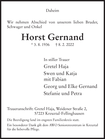 Traueranzeige von Horst Gernand von Siegener Zeitung