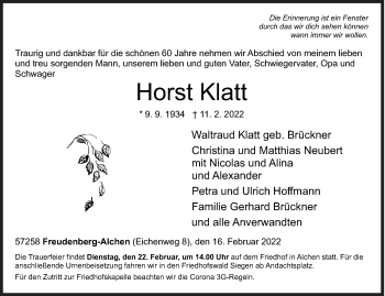 Traueranzeige von Horst Klatt von Siegener Zeitung