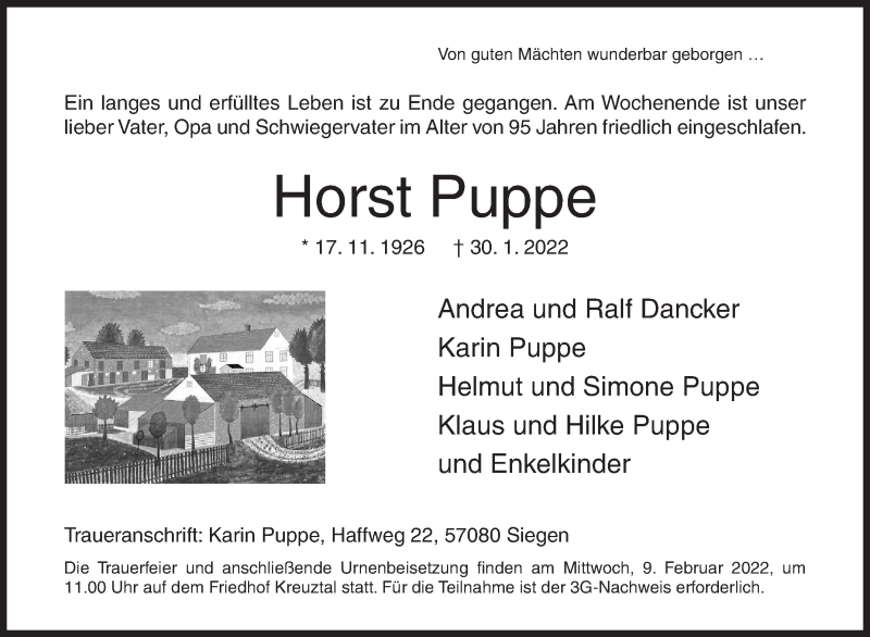  Traueranzeige für Horst Puppe vom 04.02.2022 aus Siegener Zeitung