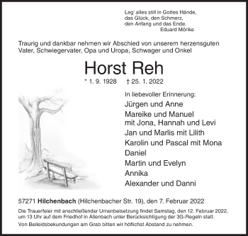 Traueranzeige von Horst Reh von Siegener Zeitung