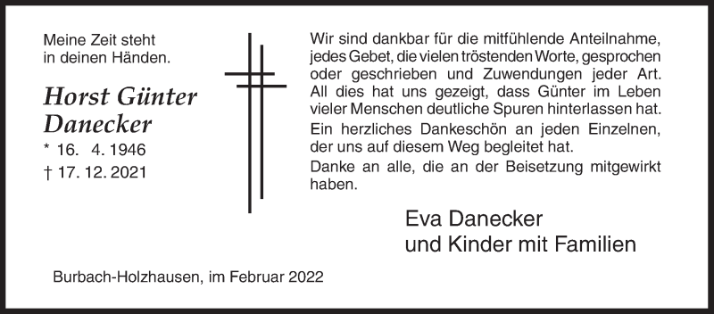  Traueranzeige für Horst Günter Danecker vom 12.02.2022 aus Siegener Zeitung