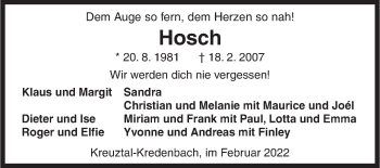 Traueranzeige von Hosch  von Siegener Zeitung