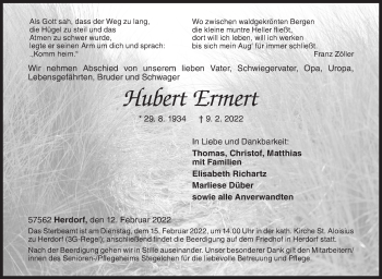 Traueranzeige von Hubert Ermert von Siegener Zeitung