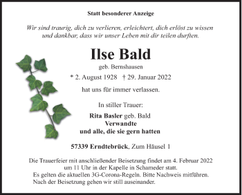 Traueranzeige von Ilse Bald von Siegener Zeitung