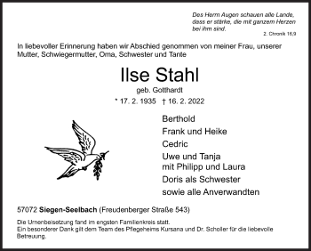 Traueranzeige von Ilse Stahl von Siegener Zeitung