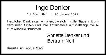 Traueranzeige von Inge Denker von Siegener Zeitung