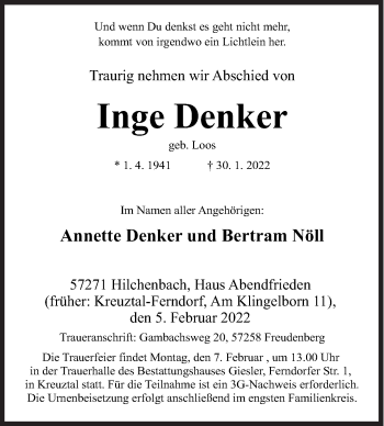 Traueranzeige von Inge Denker von Siegener Zeitung