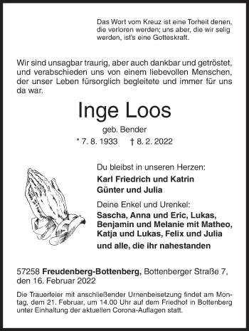 Traueranzeige von Inge Loos von Siegener Zeitung