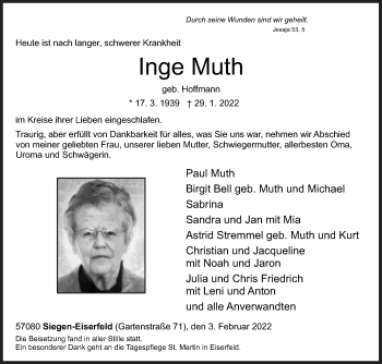 Traueranzeige von Inge Muth von Siegener Zeitung