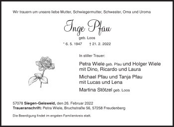 Traueranzeige von Inge Pfau von Siegener Zeitung