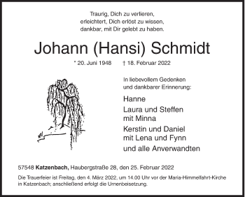 Traueranzeige von Johann Schmidt von Siegener Zeitung