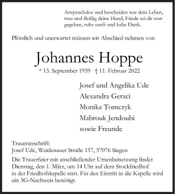 Traueranzeige von Johannes Hoppe von Siegener Zeitung