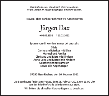 Traueranzeige von Jürgen Dax von Siegener Zeitung