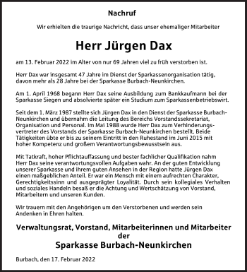Traueranzeige von Jürgen Dax von Siegener Zeitung