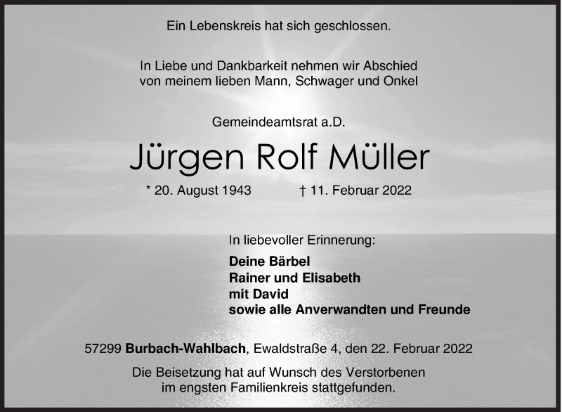  Traueranzeige für Jürgen Rolf Müller vom 22.02.2022 aus Siegener Zeitung
