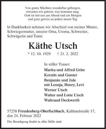 Traueranzeige von Käthe Utsch von Siegener Zeitung