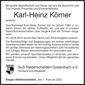 Traueranzeige von Karl-Heinz Körner von Siegener Zeitung