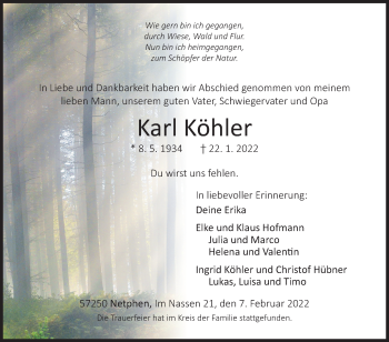 Traueranzeige von Karl Köhler von Siegener Zeitung
