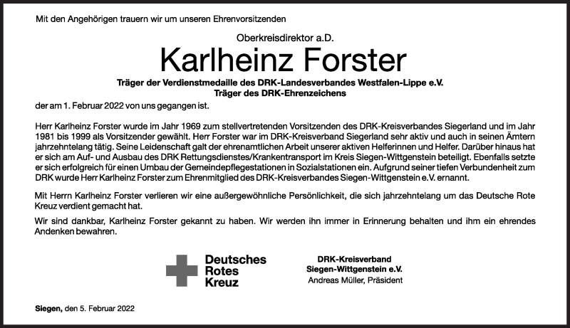  Traueranzeige für Karlheinz Forster vom 05.02.2022 aus Siegener Zeitung