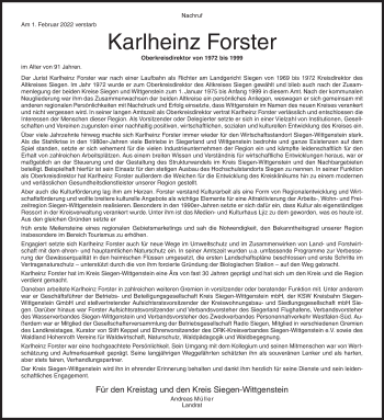Traueranzeige von Karlheinz Forster von Siegener Zeitung