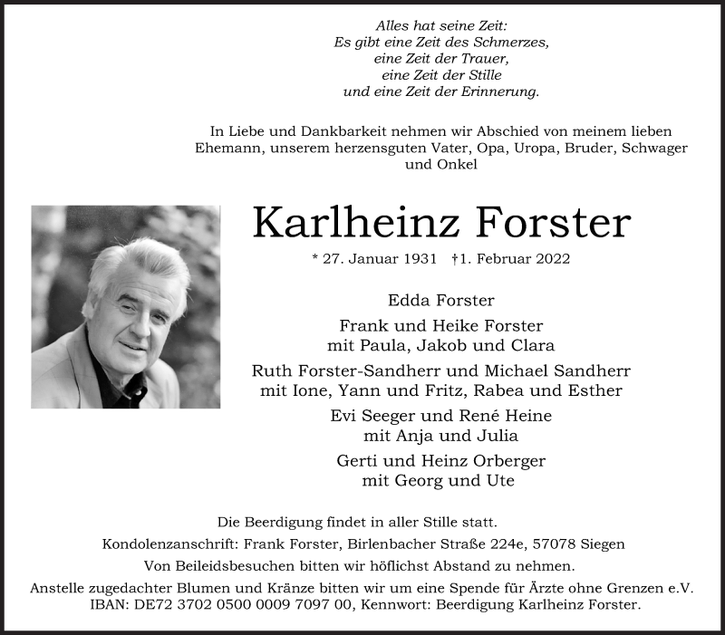  Traueranzeige für Karlheinz Forster vom 05.02.2022 aus Siegener Zeitung