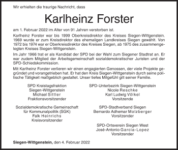 Traueranzeige von Karlheinz Forster von Siegener Zeitung
